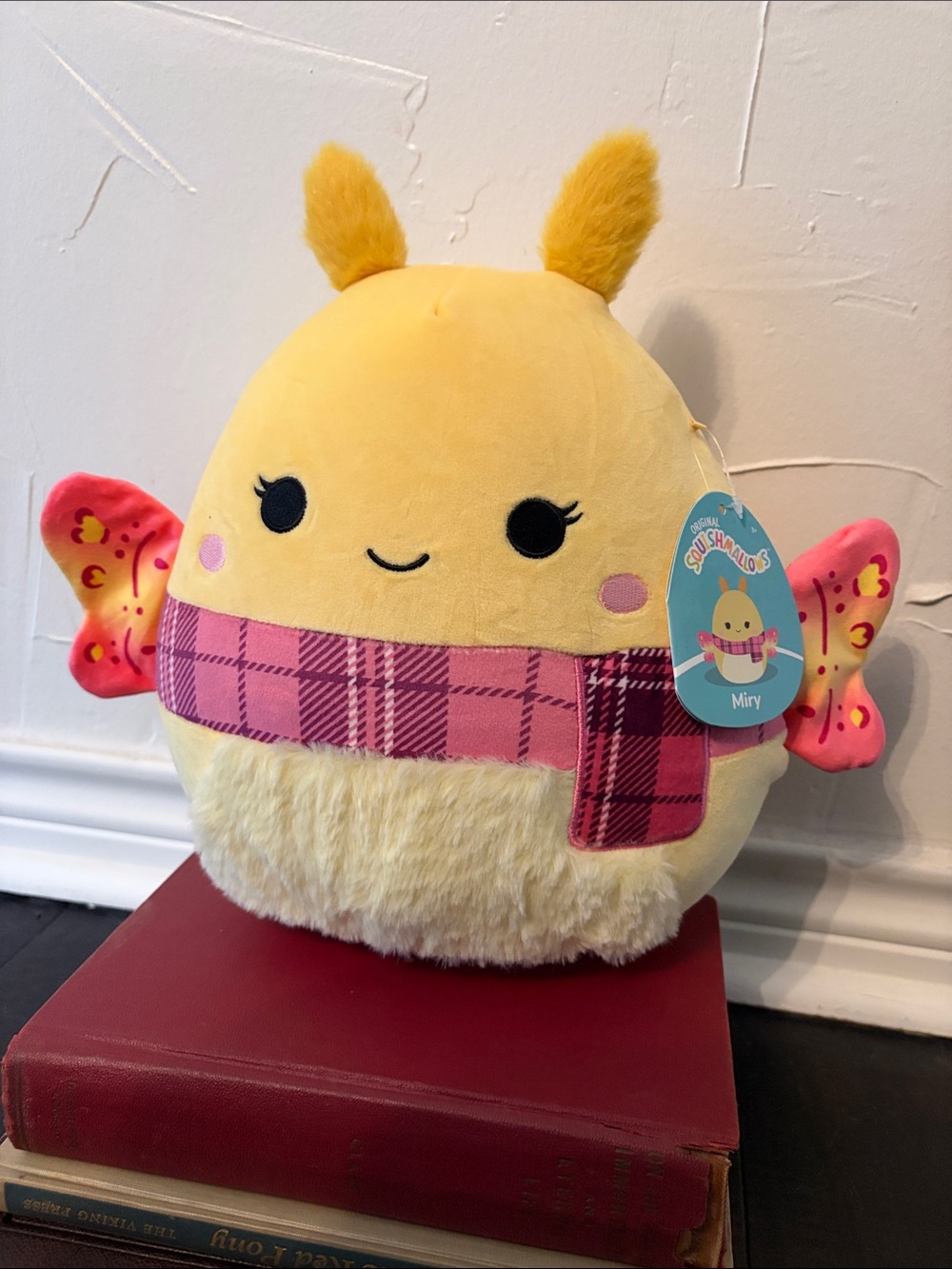Squishmallows Miry Yellow Moth with Pink Scarf and Pink Wing Accents 10”